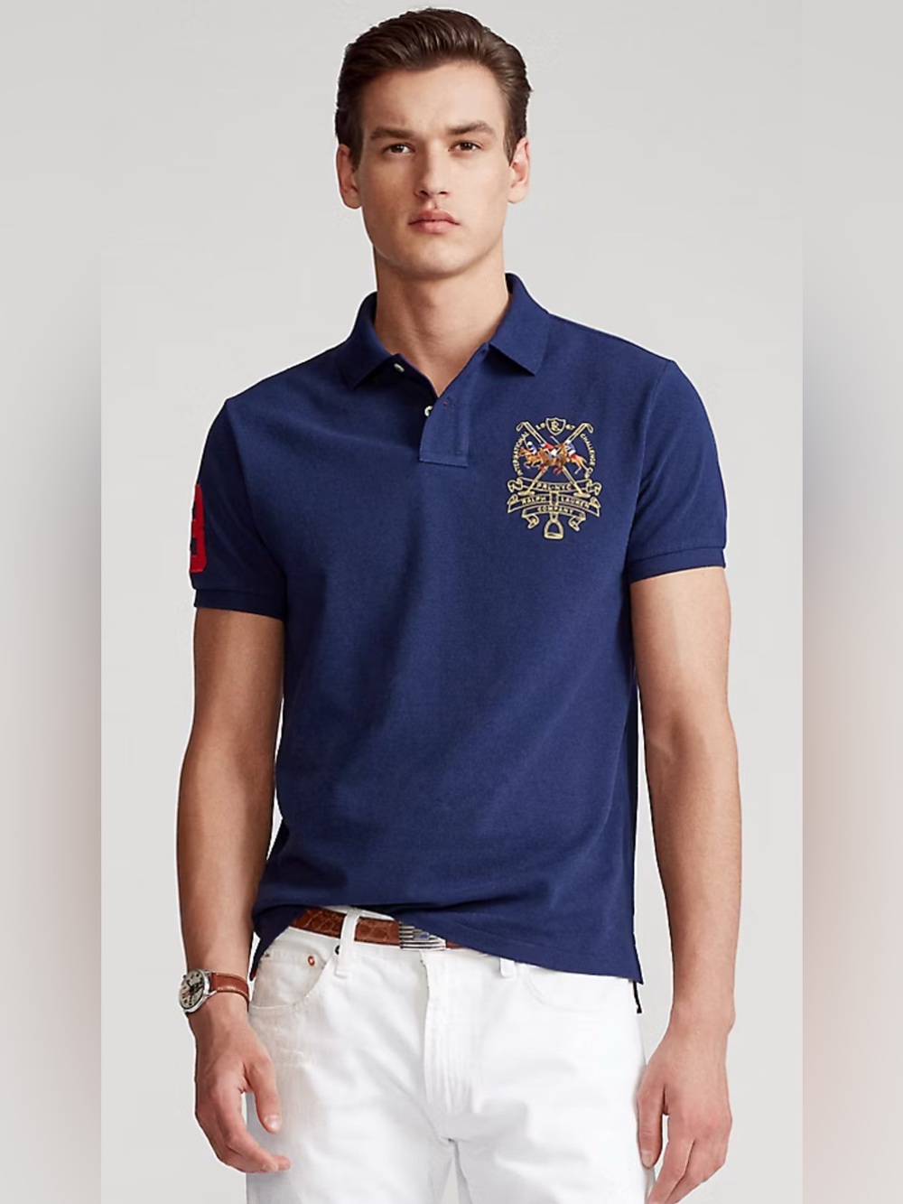Men's Polo Ralph Lauren Navy Polo Shirt with Embroidered Crest Custom Slim Fit